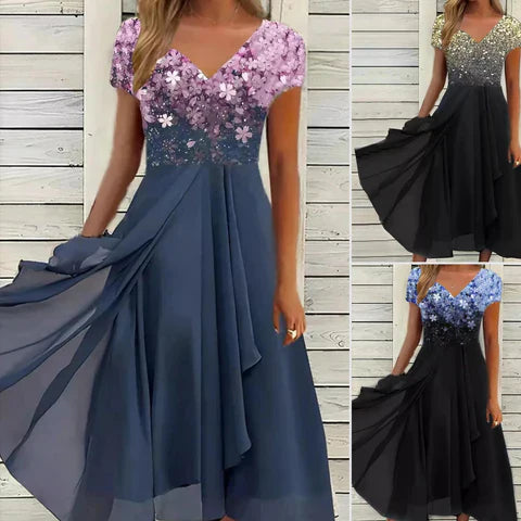 Luméa™ – Elegant evening dress with floral shimmer & flowing skirt