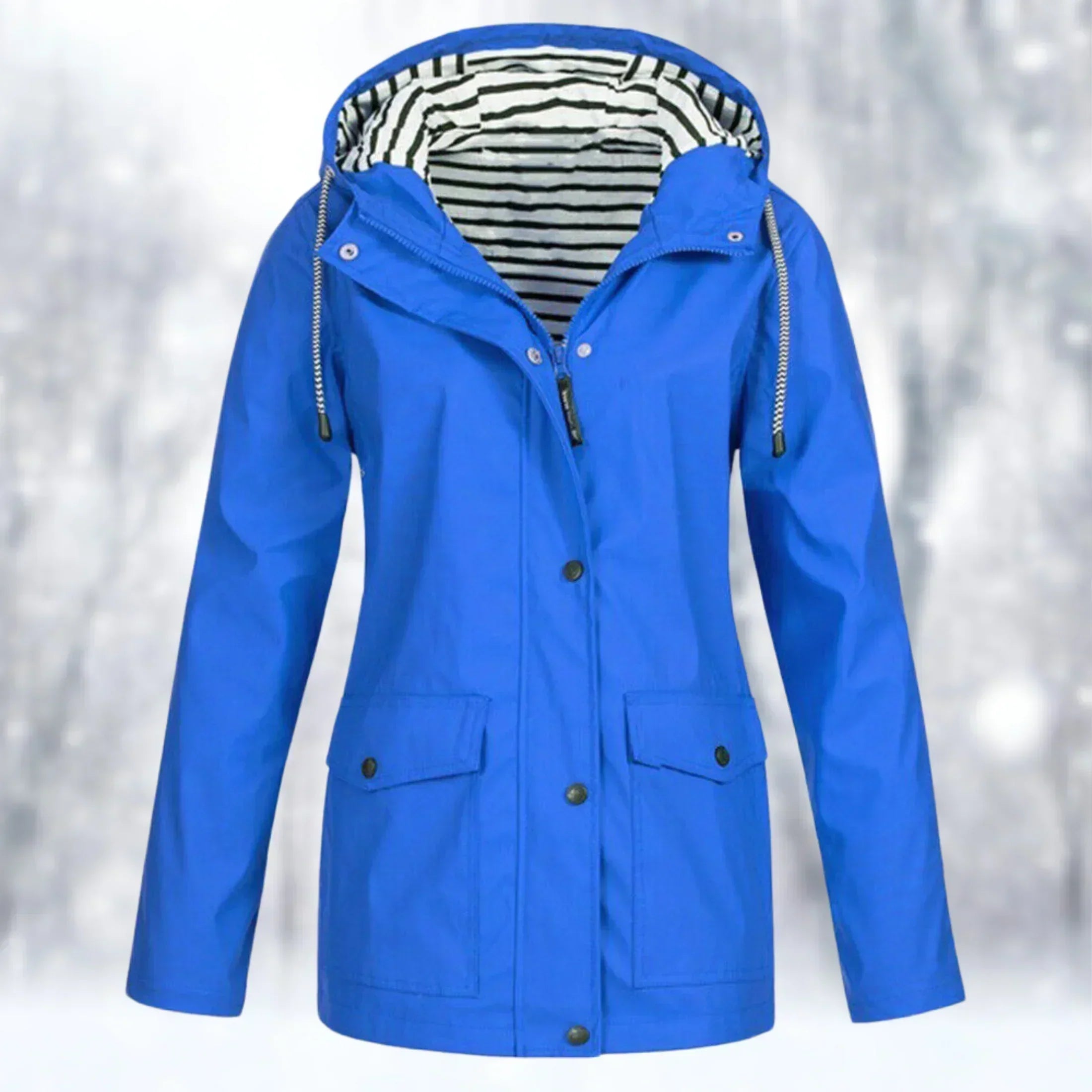 GR | Waterproof rain jacket with hood, adjustable drawstring, zipper & button closure