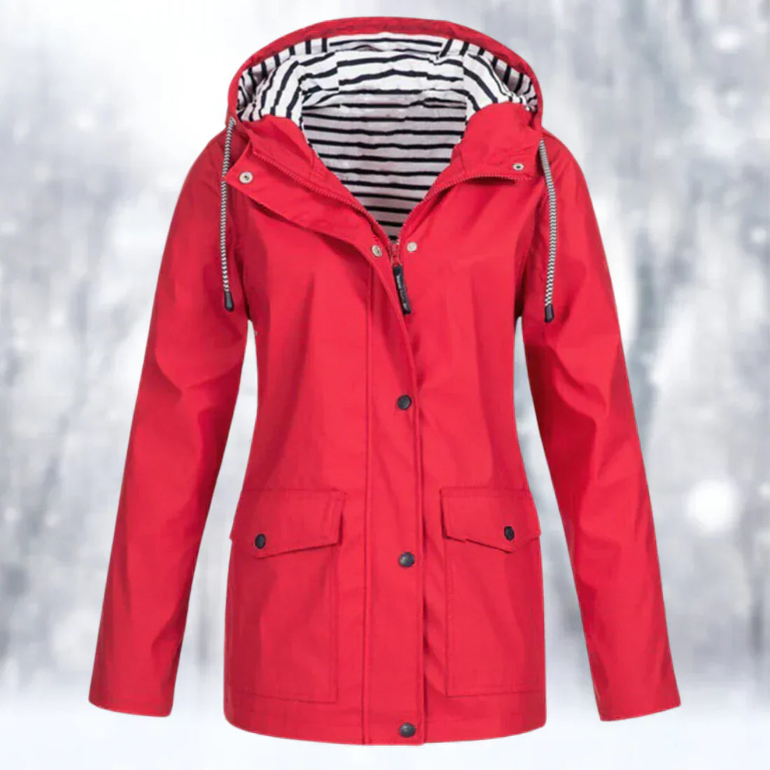 GR | Waterproof rain jacket with hood, adjustable drawstring, zipper & button closure