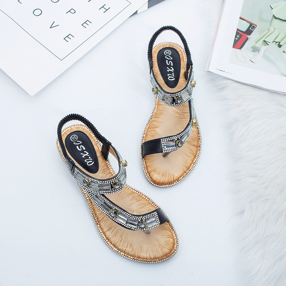 GR | Cross Border Rhinestone T-Strap Flat Sandal