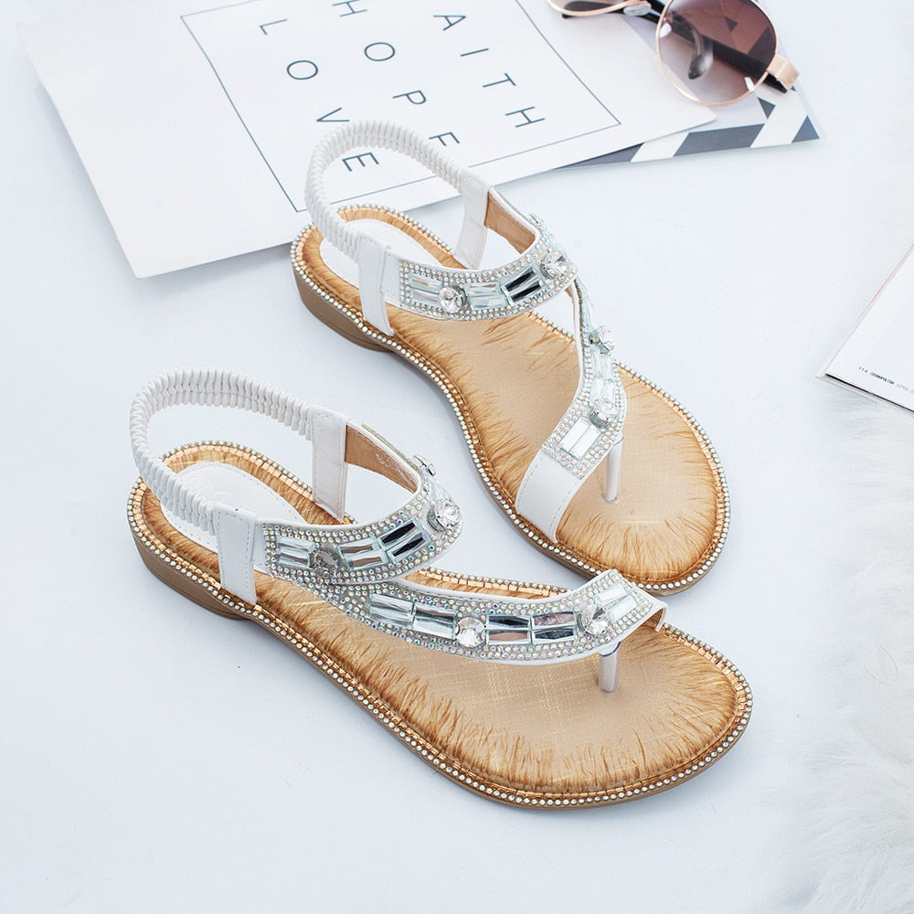 GR | Cross Border Rhinestone T-Strap Flat Sandal