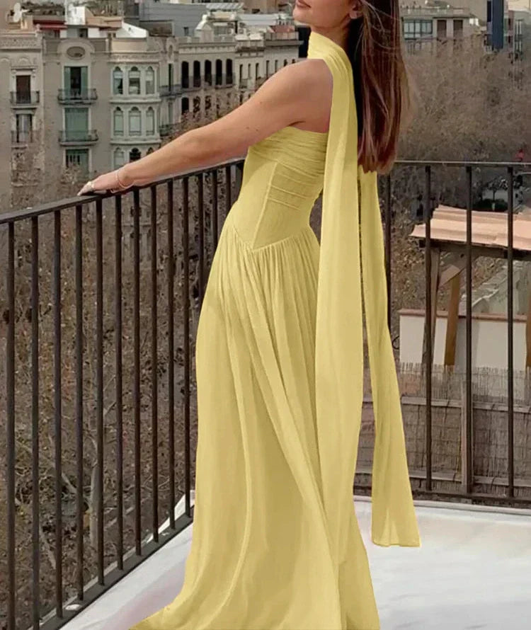 GR | Patchwork Maxi Dress Scarf Backless Strapless Ruffled Banquet