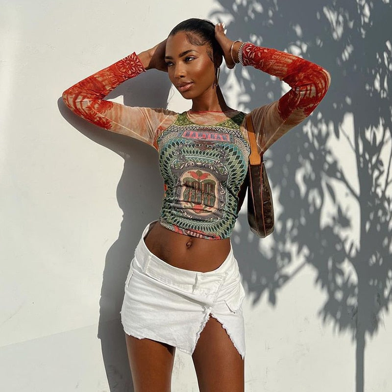 GR | Long-sleeved mesh top with tattoo print