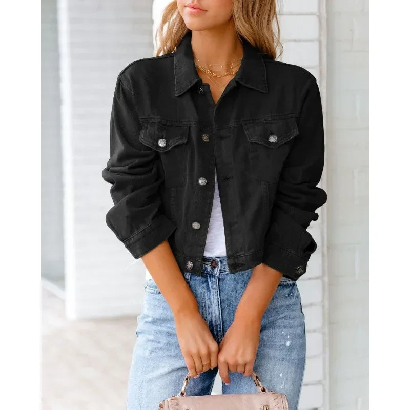 GR | Short pocket jacket Fashion Streetwear Simple button trendy women's denim jackets Long sleeves Autumn New Denim Denim jackets