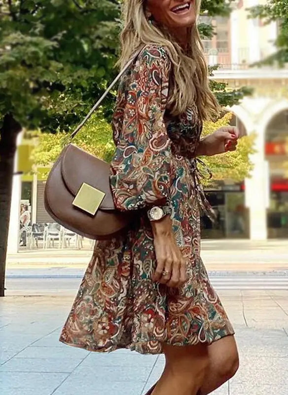 GR | Printed boho dress with long sleeves for women