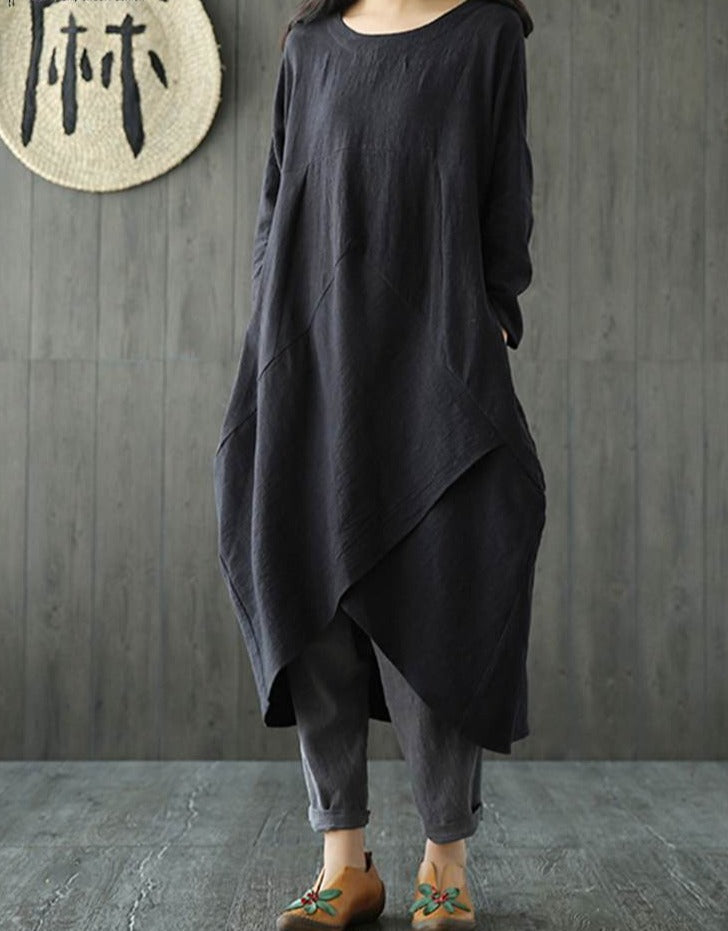 GR Langärmeliges unregelmäßiges Midikleid