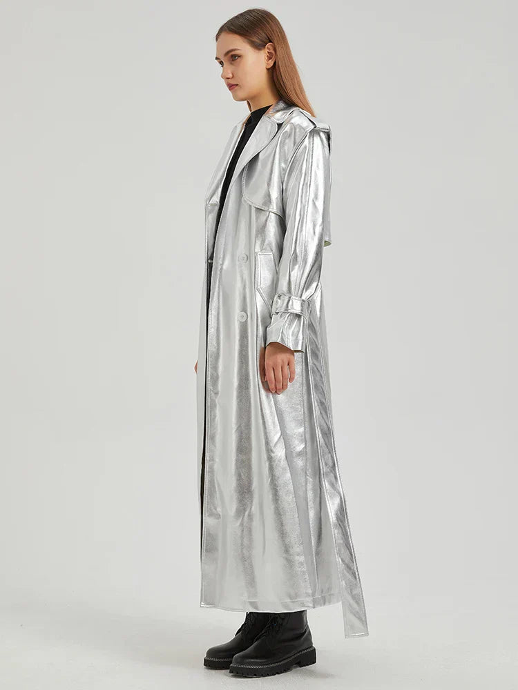 GR | Lautaro Autumn Extra Long Gold Shiny Patent PU Leather Trench Coat for Women Simple Buckle Luxury Designer Overcoat