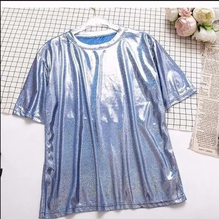 GR | S 5Xl Damen Funkelnd Shiny Metallisch Holografisch Rundhals Kurzarm Lässig Lose Top Festival Party T-Shirt Damenbekleidung