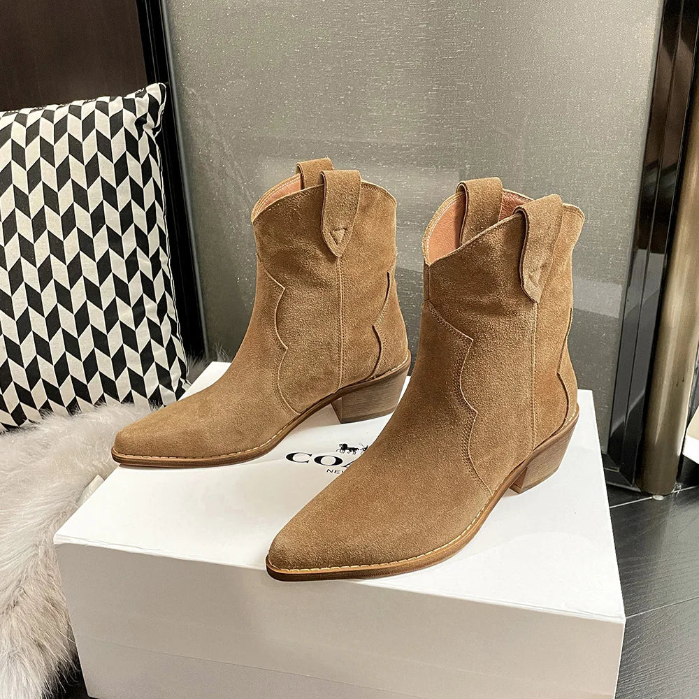 GR | Cowhide Leather Women's Suede Women's Boots with Heel