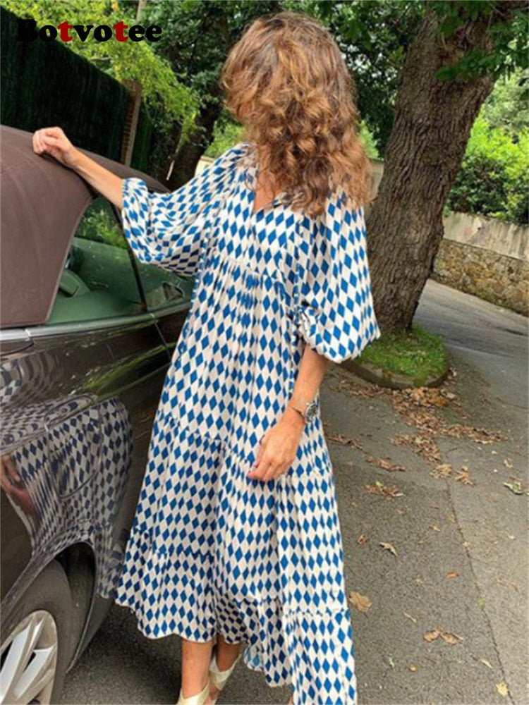 GR | Geometric dress with puff sleeves for women