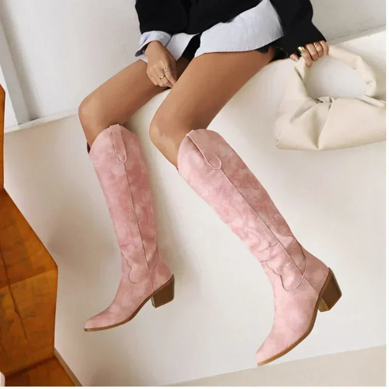 GR | Knee-high suede cowboy boots for women