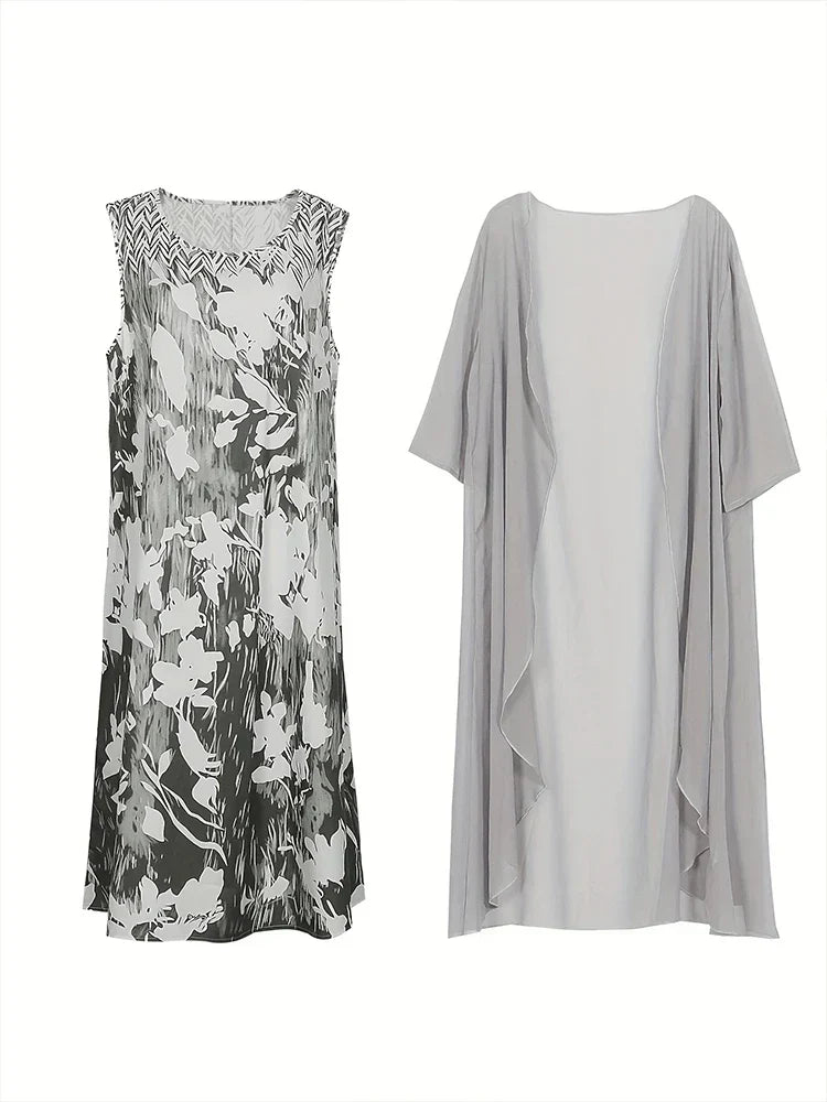 GR | Plus Size Autumn New Women's Floral Pattern Long Dress Printed Pattern Two Piece Dress Round Neck Temperament Elegant Dress