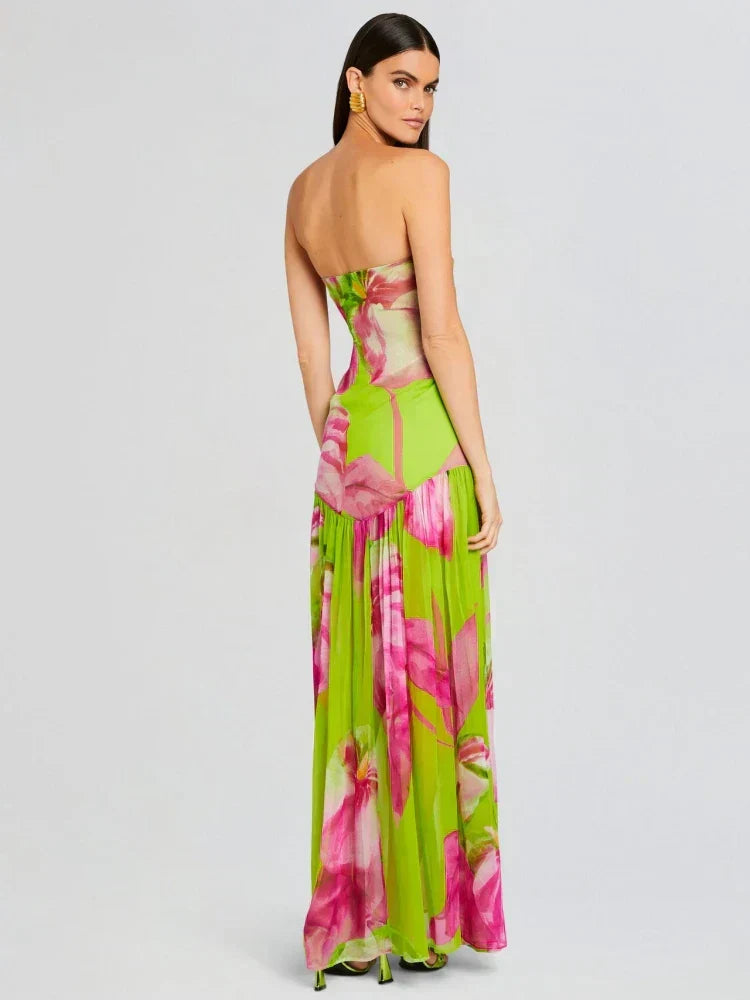 GR | New Summer Print Strapless Mesh Patchwork Slit Long Dress Women Sexy Sleeveless Printed Colorful Holiday Maxi Dress Party
