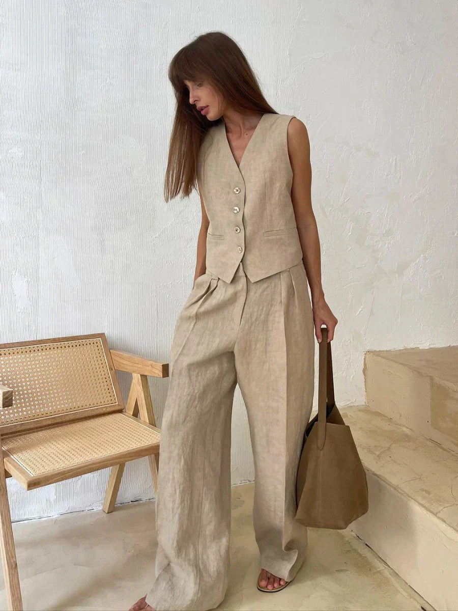 GR | Wool Feeling Women's Linen Cotton Chic Vest & Trousers Set Two-Piece Set Office Women's Summer Chic 2-Piece Set Women's Outfits