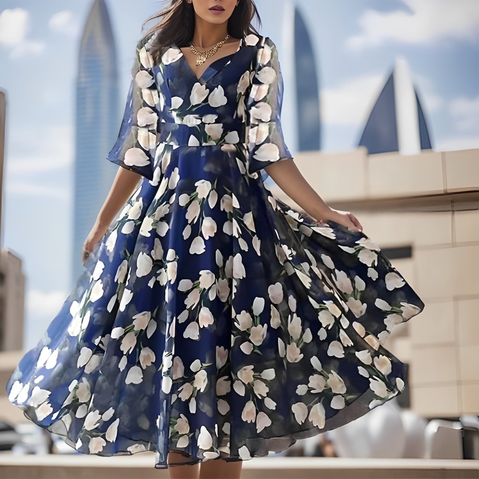 GR | Floral siphonic dress with a wide V-neck