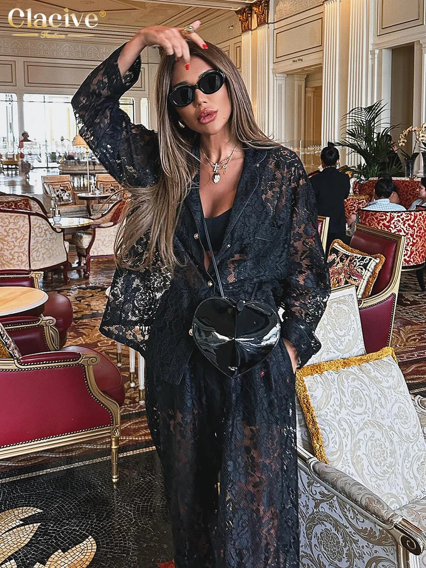 GR | Clacive Sexy Loose Black Lace Transparent Pants Set Women's 2 Piece Fashion Long Sleeve Shirt with High Waist Wide Pants Set