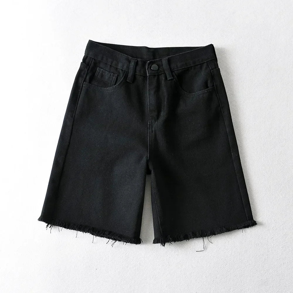 GR | Frauen Hohe Taille Breite Bein Denim Shorts Mädchen Sommer Mode Streetwear Lässig Einfarbig Weibliche Lockere Stretch Jeans