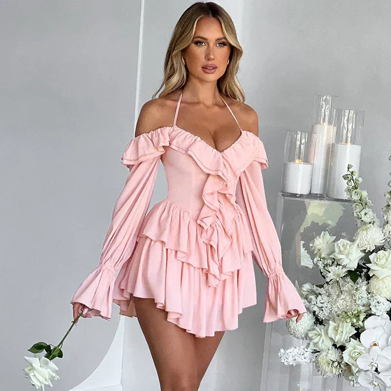 GR | Romantic ruffled romper with exposed shoulders