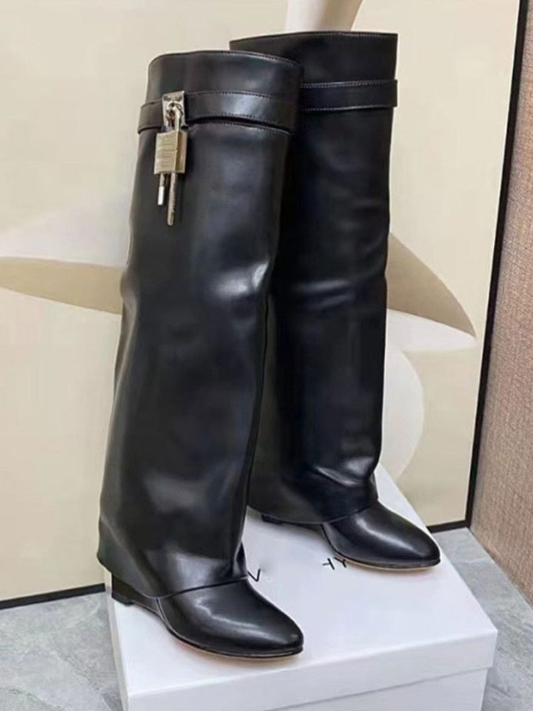 GR | Women's Knee-High Boots Shark Lock Long Thick Soles High Heels Boots Designer Luxury Brand Women's Leather Boots