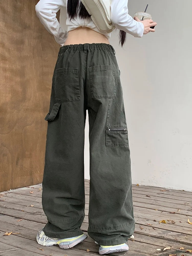 GR | Y2K Streetwear Vintage Grün Baggy Jeans Cargo-Hosen für Damen Designer Kleidung Weit Beinformte Legere Damenhosen