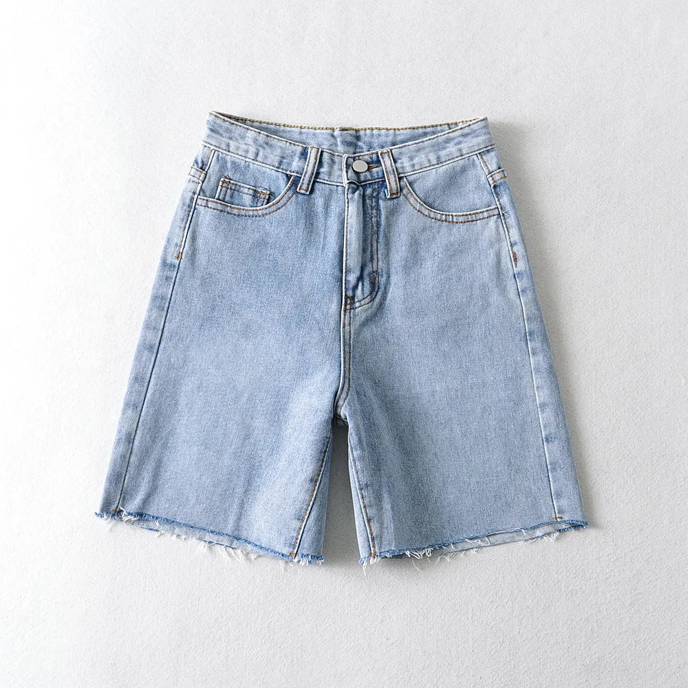 GR | Frauen Hohe Taille Breite Bein Denim Shorts Mädchen Sommer Mode Streetwear Lässig Einfarbig Weibliche Lockere Stretch Jeans