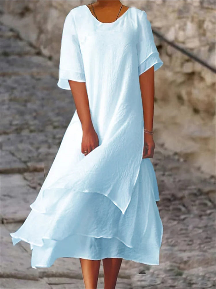 GR | Double-layered slit short-sleeved dress with round neckline