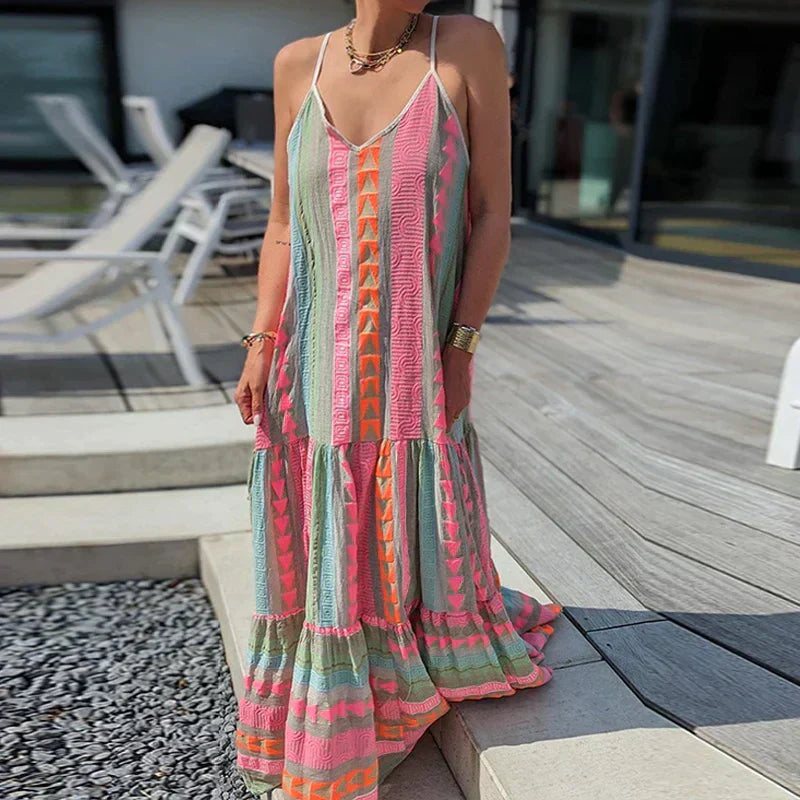 GR | Elegant dress, sleeveless, with ruffle and casual print