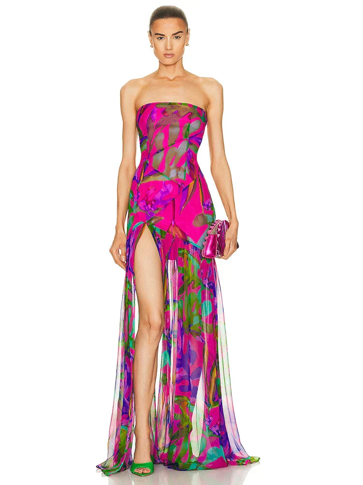 GR | New Summer Print Strapless Mesh Patchwork Slit Long Dress Women Sexy Sleeveless Printed Colorful Holiday Maxi Dress Party