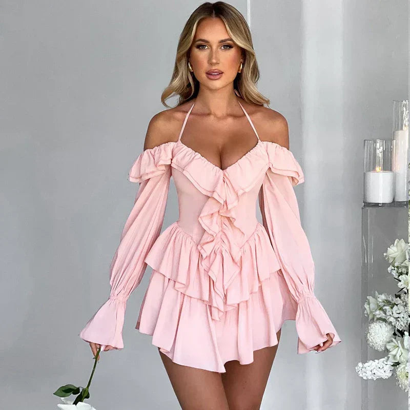GR | Romantic ruffled romper with exposed shoulders