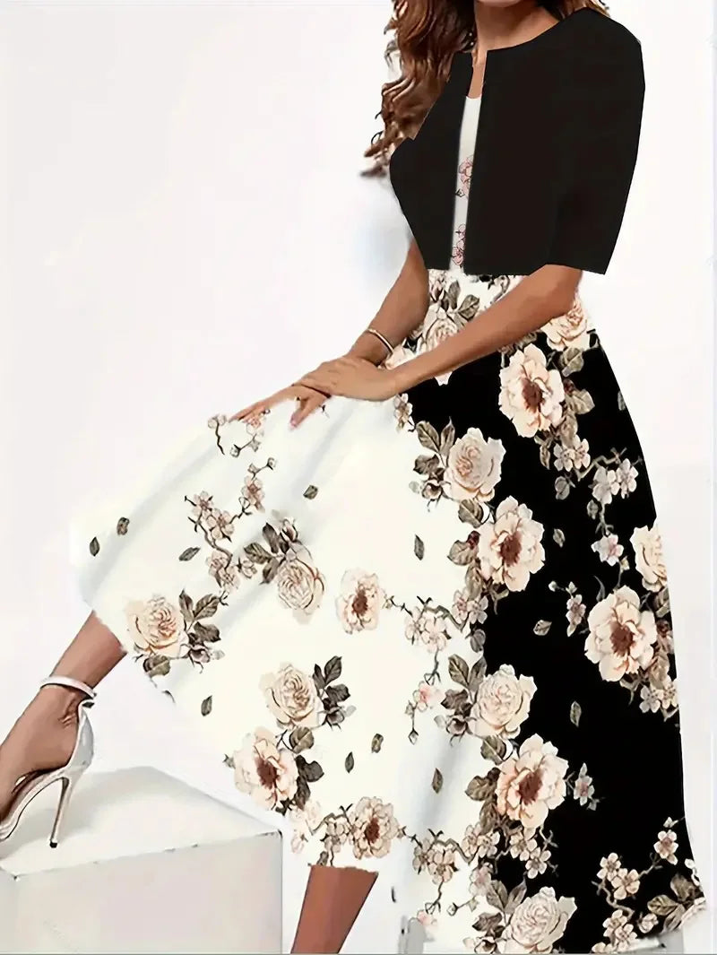 GR | New for summer! EU US Autumn Women's 2 Long Dress Set Floral and Grass Dot Crew Neck Dress with Chiffon Short Jacket