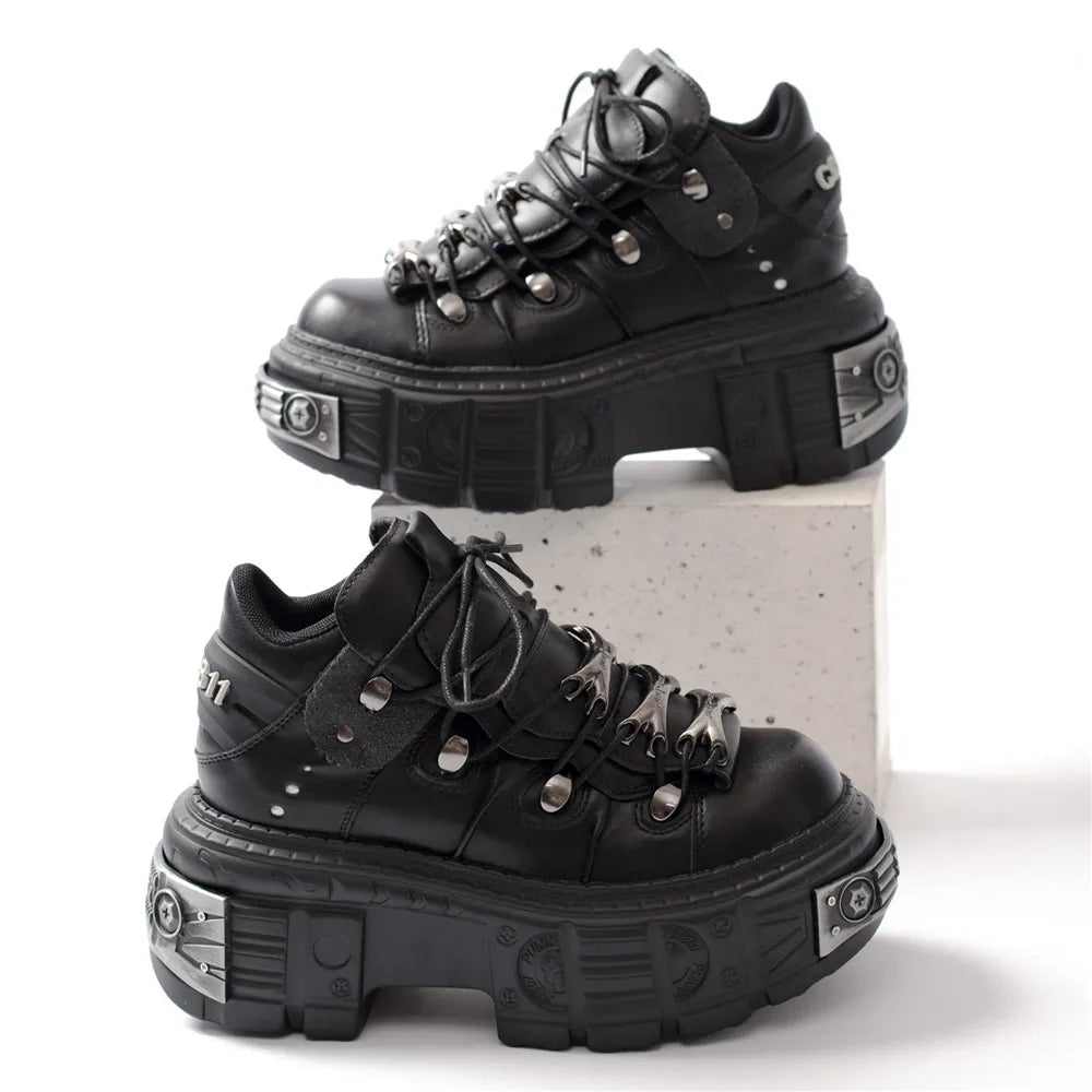 GR | Women's Ankle Boots for Women, Thick Sole, Laces, Metal Decoration, Round Toe Platform Shoes, Ladeis Punk Gothic Sneakers