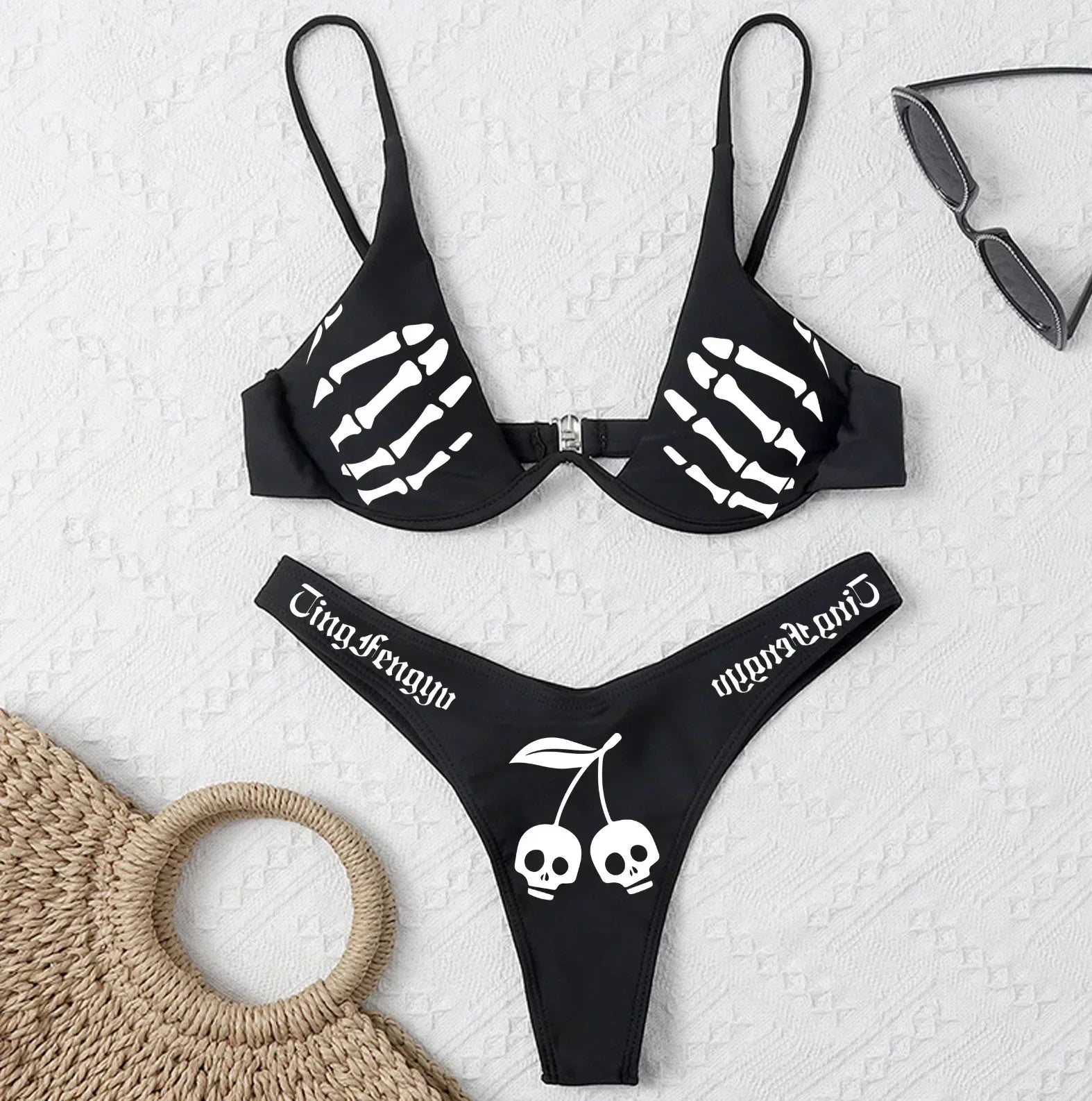 GR | Sexy Goth Bikini Women's Letter Skull Print Swimsuit Split Swimsuit High Waist Gothic Bikini Set Beach Outfits