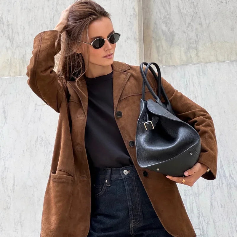 GR | Brown suede jacket with lapels, chic and warm