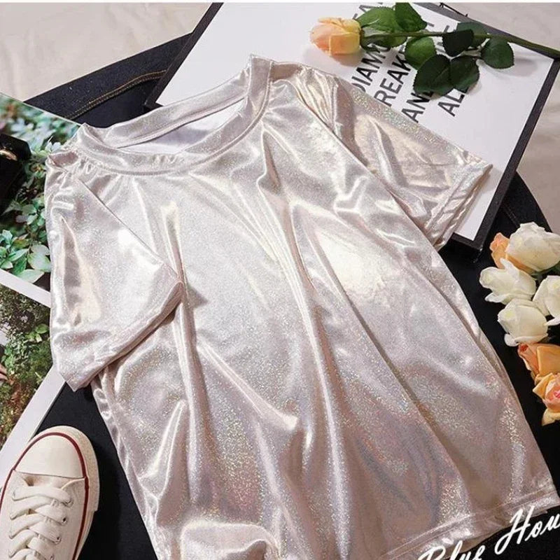 GR | S 5Xl Damen Funkelnd Shiny Metallisch Holografisch Rundhals Kurzarm Lässig Lose Top Festival Party T-Shirt Damenbekleidung