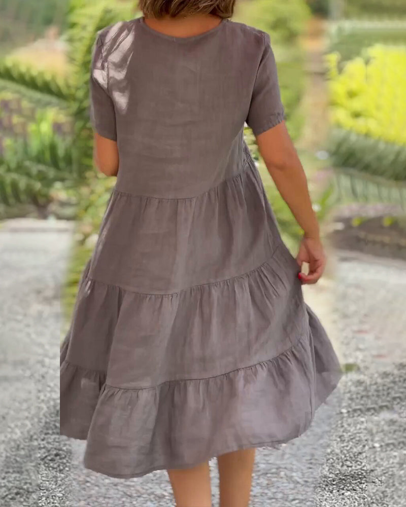 GR | Plain cotton-linen dress with V-neck
