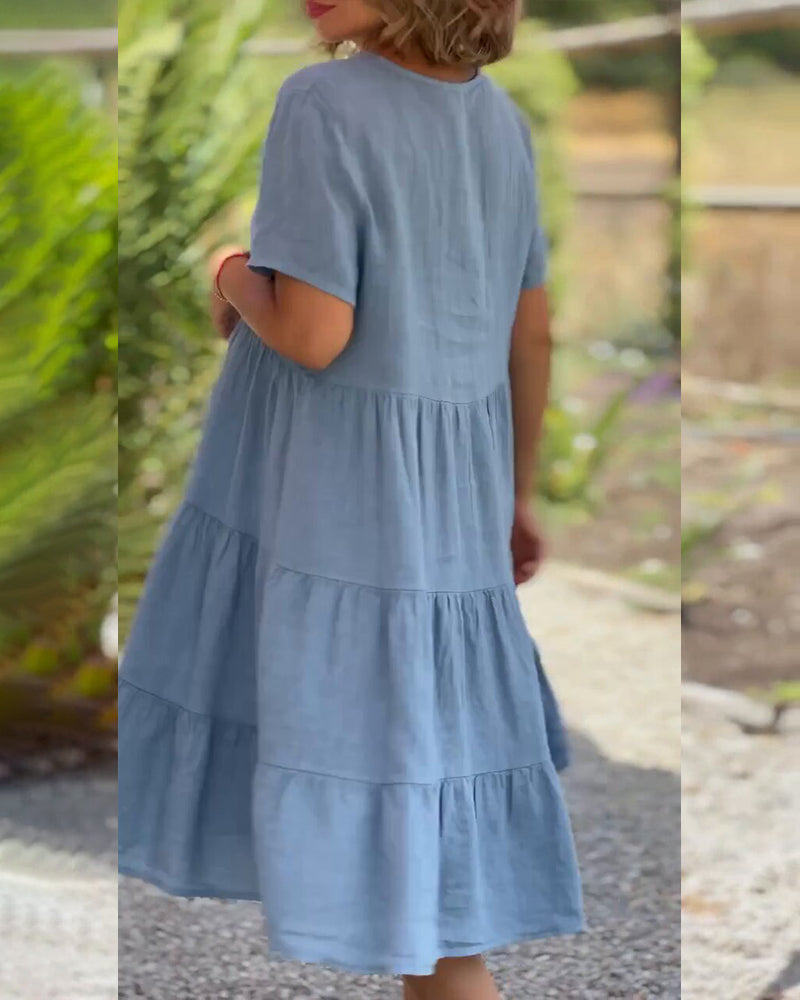 GR | Plain cotton-linen dress with V-neck