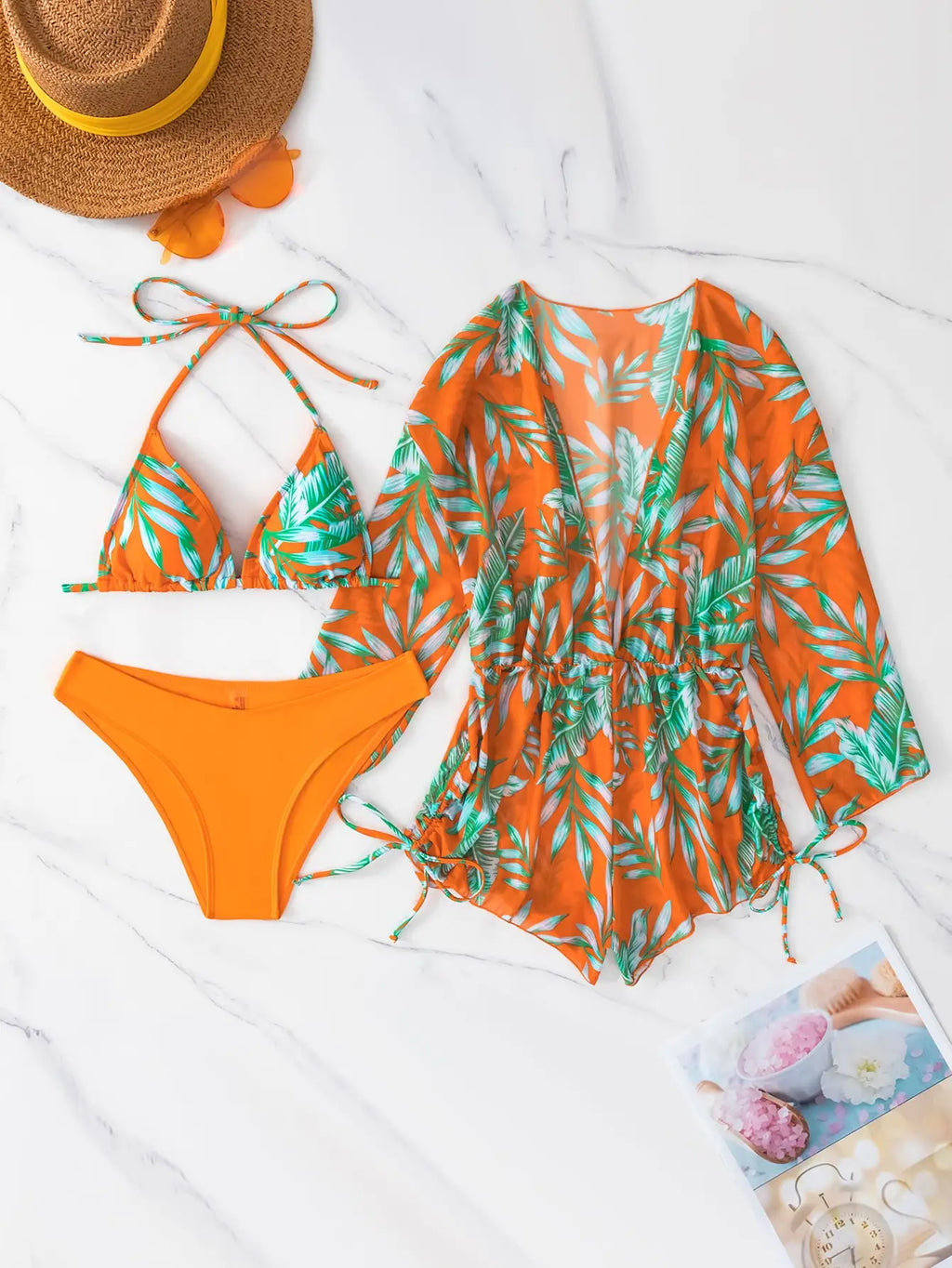 GR | 3-Piece Bikini Tropical Print Swimwear Halter Lace-Up Side Swimsuit Women's Bathing Suit Female Swimming Summer Beachwear