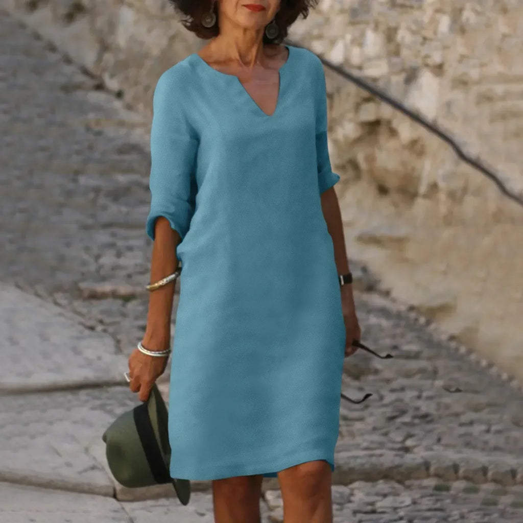GR | Women's Cotton Linen V-Neck Dress with Half Sleeves
