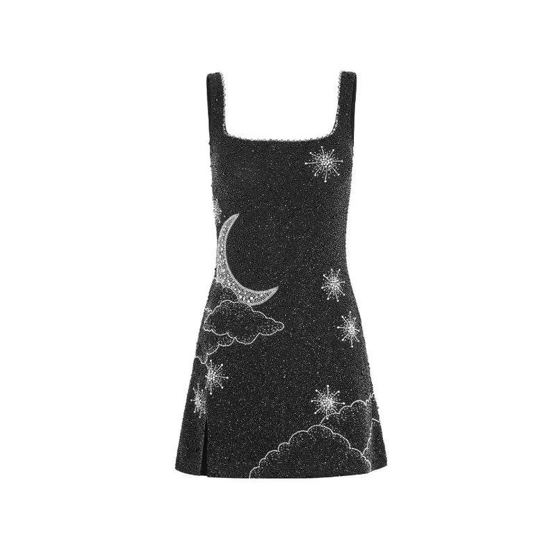 GR - Celestial Sparkle Minikleid Partykleid mit Mond- und Sternenverzierung