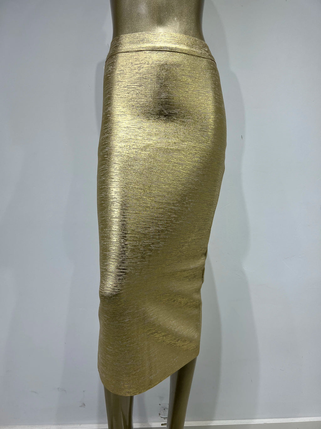 GR | Women's Summer Skirt Sexy Silver Gold Bronzing Midi Bandage Skirt High Street Designer Slim Fit Solid Midi Pencil Skirt 78cm