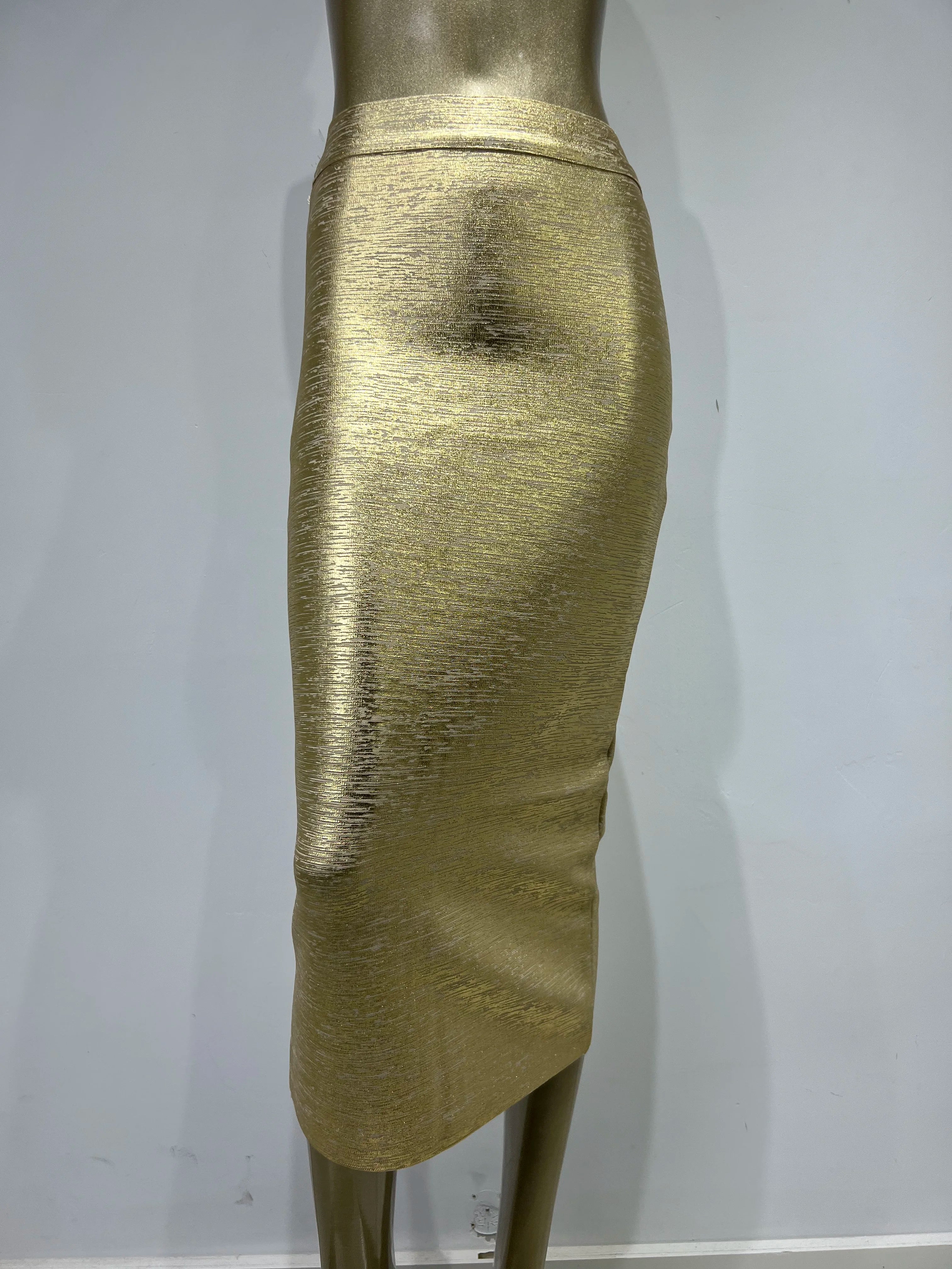 GR | Women's Summer Skirt Sexy Silver Gold Bronzing Midi Bandage Skirt High Street Designer Slim Fit Solid Midi Pencil Skirt 78cm