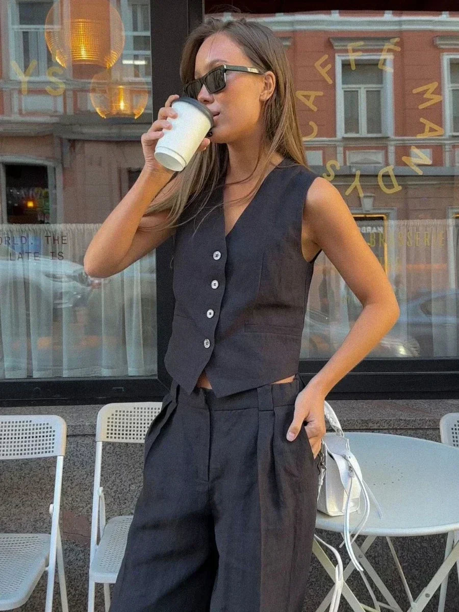 GR | Wool Feeling Women's Linen Cotton Chic Vest & Trousers Set Two-Piece Set Office Women's Summer Chic 2-Piece Set Women's Outfits