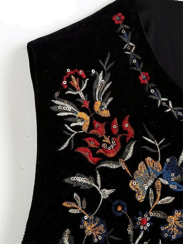 GR | Vest with sequined floral embroidery, patchwork waist coat made of velvet