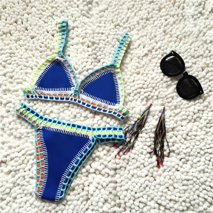 GR | Knitted 2-Piece Bikini Swimsuit for Women, Summer Beach Holiday Swimwear, Sexy Triangle Cup V-Neck Strappy Swimwear