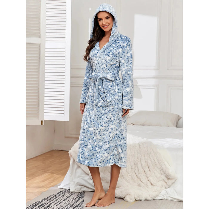 GR | Long-sleeved leopard print hooded bathrobe with belt and pockets