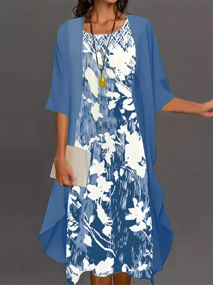GR | Plus Size Autumn New Women's Floral Pattern Long Dress Printed Pattern Two Piece Dress Round Neck Temperament Elegant Dress