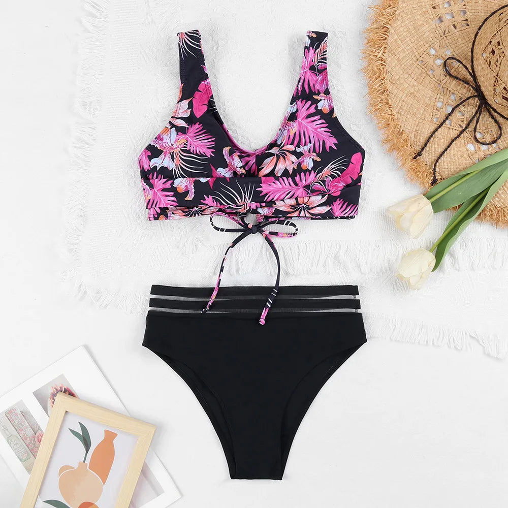 GR | Lace-up High Waist Bikini Women's Swimwear Women's Swimsuit Padded Push-Up Floral Swimsuit Women's Bikini Set