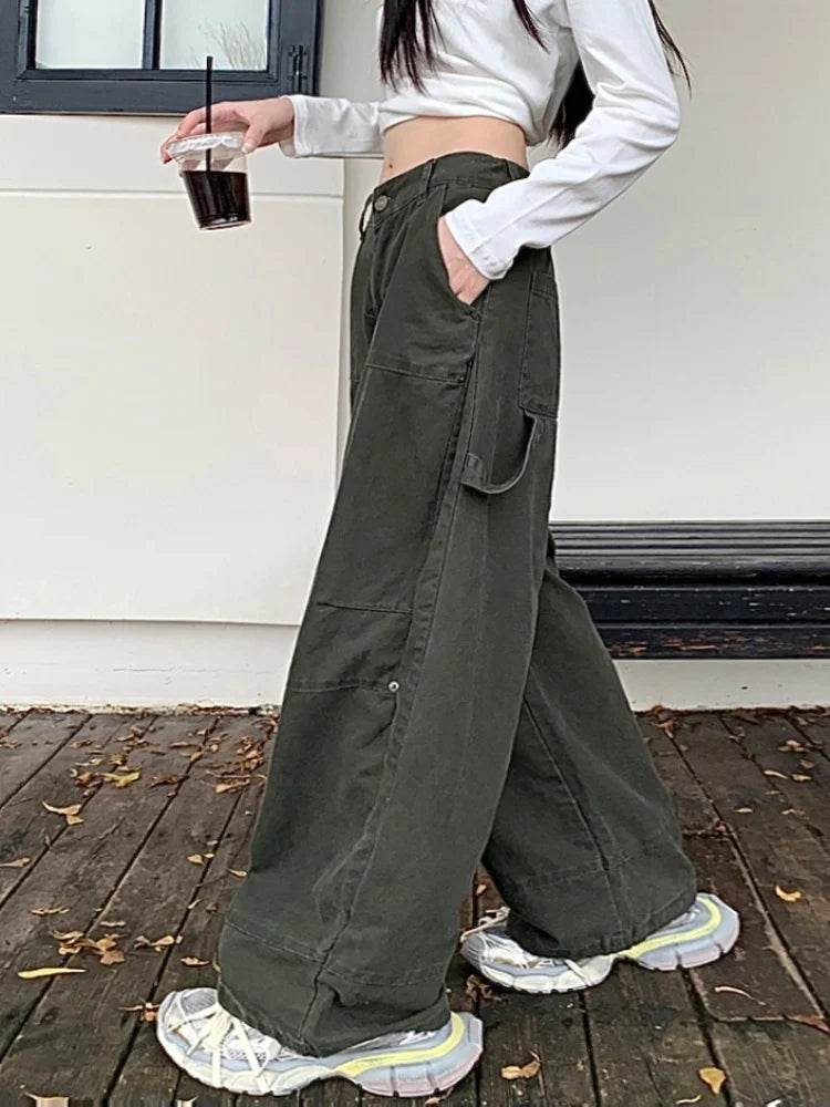 GR | Y2K Streetwear Vintage Grün Baggy Jeans Cargo-Hosen für Damen Designer Kleidung Weit Beinformte Legere Damenhosen