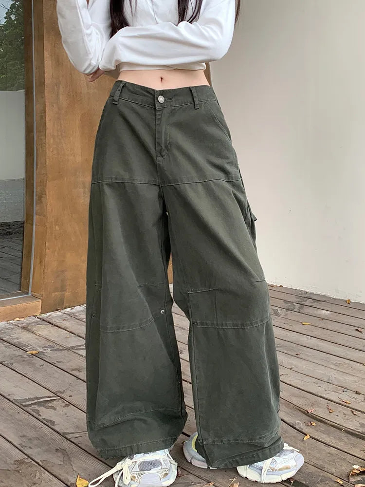 GR | Y2K Streetwear Vintage Grün Baggy Jeans Cargo-Hosen für Damen Designer Kleidung Weit Beinformte Legere Damenhosen