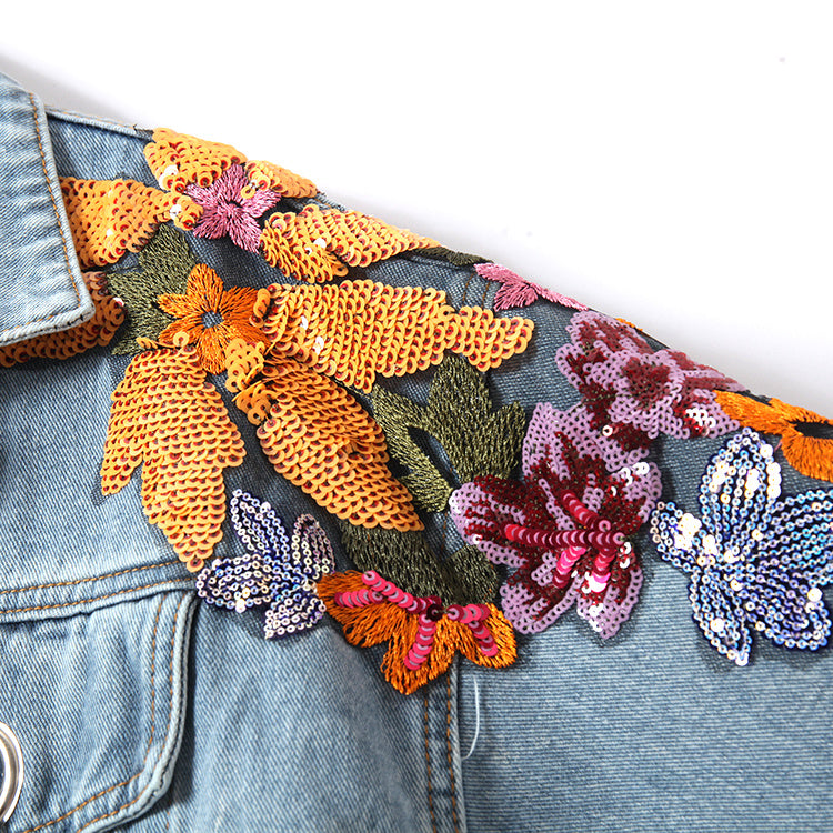GR | Denim Jacket with Floral Embroidery and Sequins